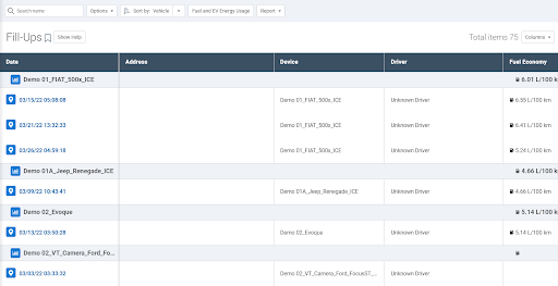 Screenshot del report Rifornimenti in&nbsp;MyGeotab